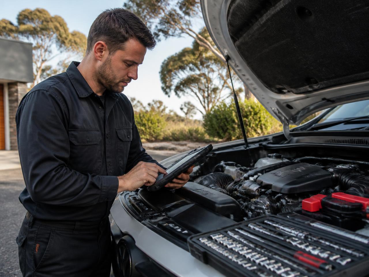 Mobile automotive professional using diagnostic equipment beside a vehicle